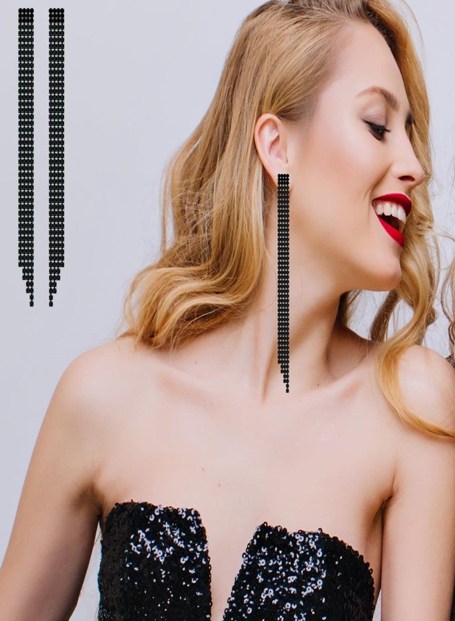 Mintolex Crystal Tassel Earrings for Women Sparkling Long Rhinestone Crystal Setting Fringe Earring Dangling Waterfall Chandelier Drop Dangle Earrings Ladies Jewelry Gifts for Party Prom Statement Wedding Bridal, Extra Long Black - Image 4